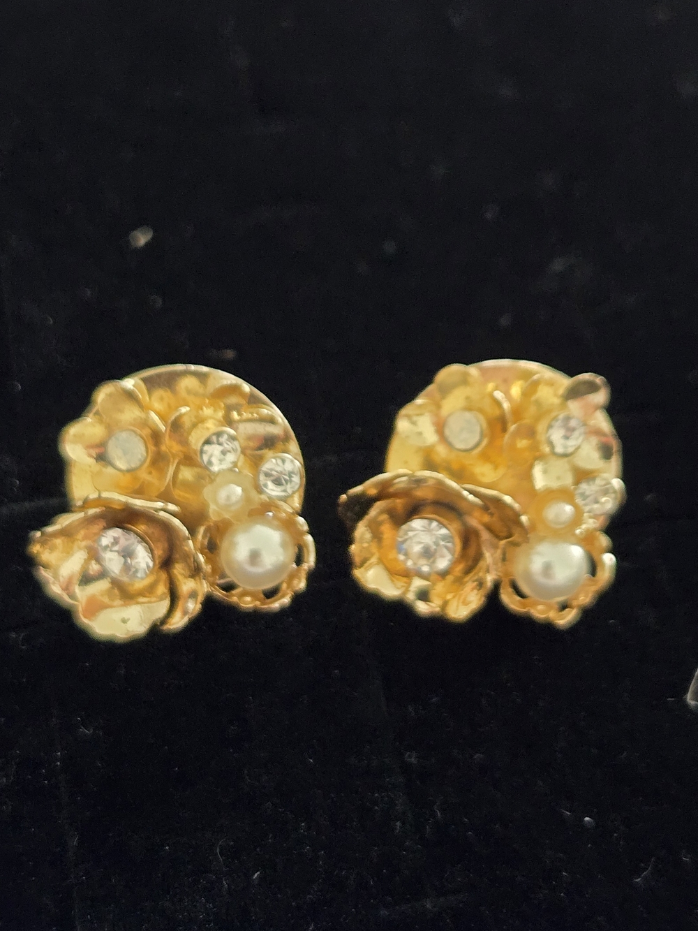 Gold Floral Pearl & Crystal Stud Earrings - Women Jewelry
